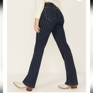 Dark Blue Striped Denim High Rise Bootcut Jeans